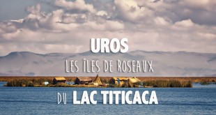 vue sur le lac titicaca avec en arrière plan un village flottant construit à base de roseaux et sur lequel vivent les tribus uros